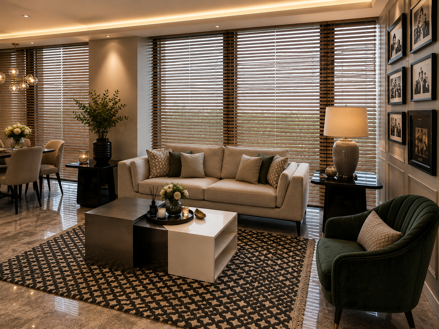 Chic Living Room with Wooden Blinds