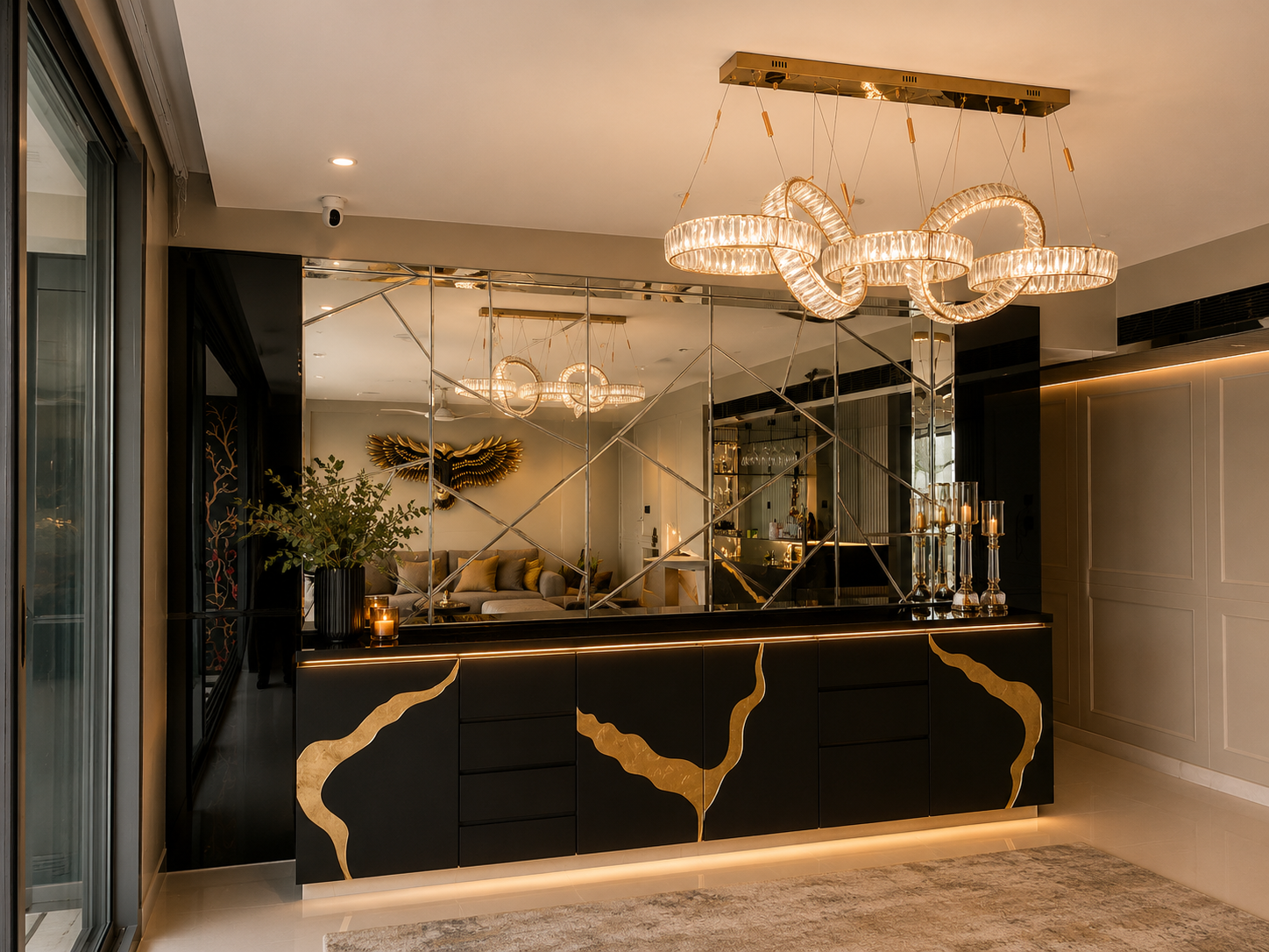 Elegant Dining Credenza and Chandelier