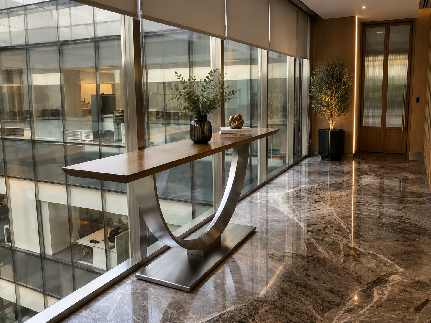 Modern Corporate Corridor with Glass Facade