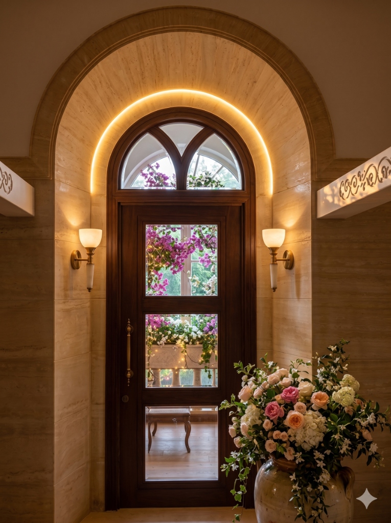 Wooden Arched Door with Garden View